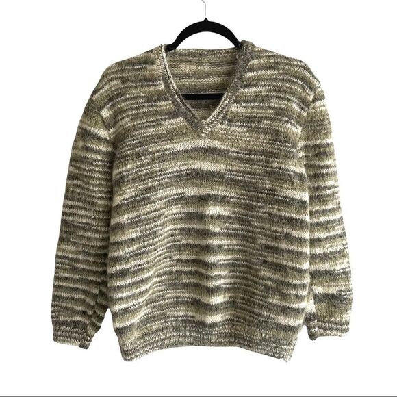 HAND KNIT Mohair Wool V-Neck Sweater Green Cream S - Picture 1 of 6